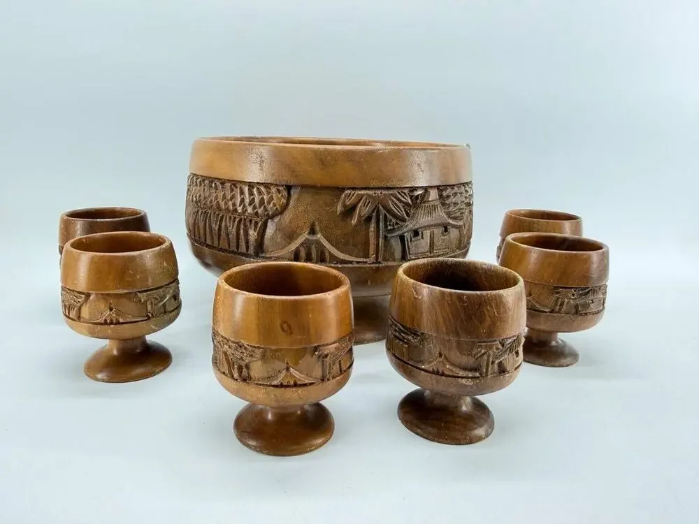 Vintage Hand Carved Wood Punch Bowl Set 6 Goblets Tiki Village 3 lb